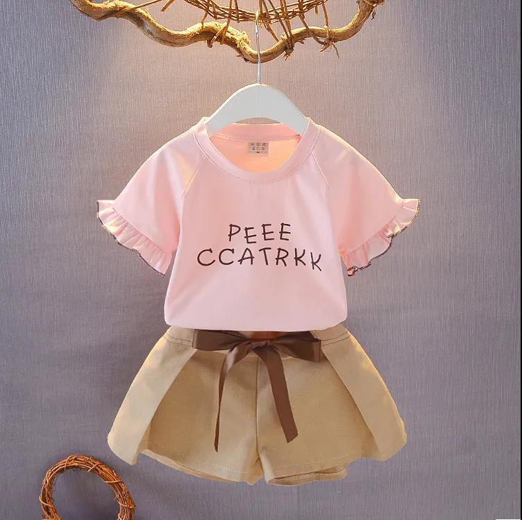 2PCS Children Clothing Set Spring Summer Solid Color Girls Suits Printing Short Sleeve Tops + Short Clothing Set