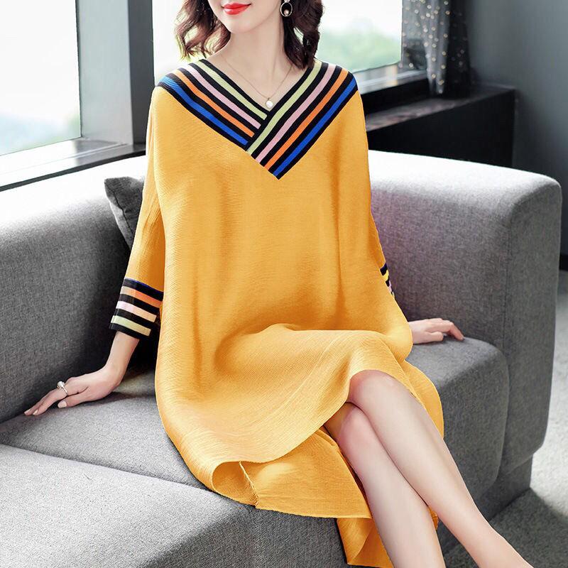 Ladies Dress V-neck Large Size Loose Solid Color Mid-length A-shaped Skirt Nine-point Sleeves