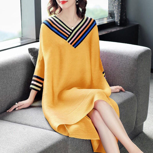 Ladies Dress V-neck Large Size Loose Solid Color Mid-length A-shaped Skirt Nine-point Sleeves