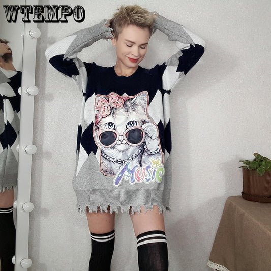 Autumn Winter Cartoon Print Tassel Sweater Women Mid-length Pullover Knitwear Loose Casual  Jumper Outer Wear