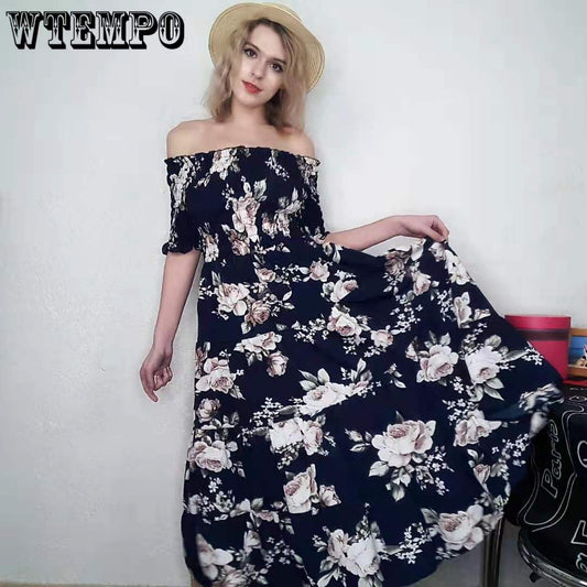 Woman Sexy One-shoulder Dress Long Retro Floral Elastic High-waist Dress Off-shoulder Party Dress