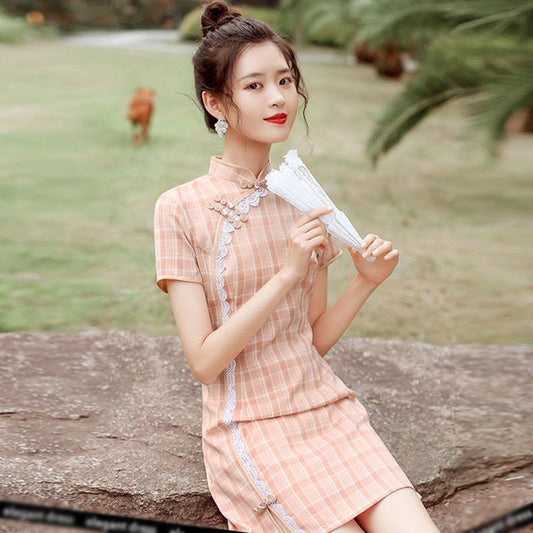 Pink Cheongsam Can Be Worn Daily In Summer Young Girl Sweet Plaid Modified Version Dress