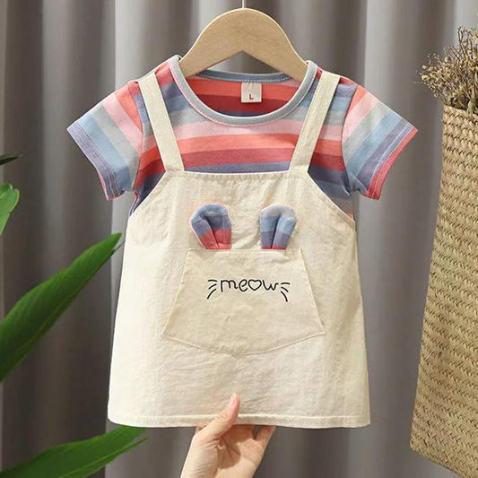 Children Dress Spring Summer O-neck Kids Clothing  Baby Girls Clothing Printing Short Sleeve Fake Two Dress Girl