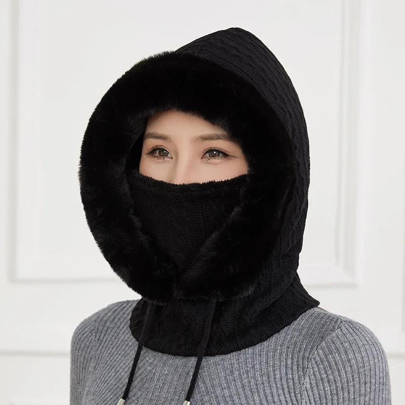 Women's Hat Plus Velvet Thick Warm Windproof Hood Ear Neck Protection Knitted Hat Woolen Cap Winter One-piece Cap Scarf Set