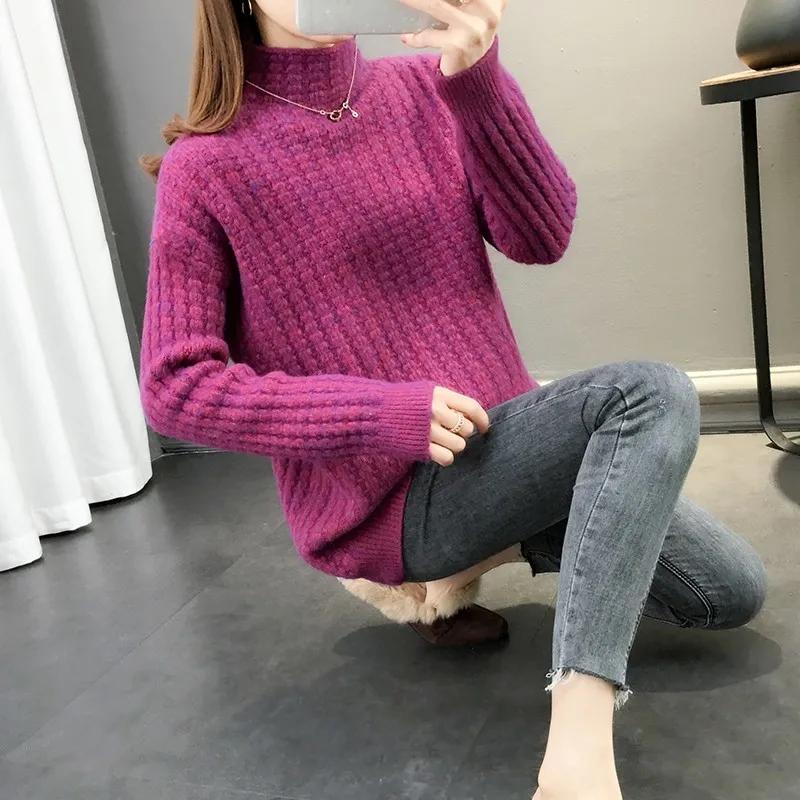 Sweater Women's Half Turtleneck Pullover Knitwear Korean Style Loose Fluffy Trending Sweater Autumn and Winter Purple Sweaters