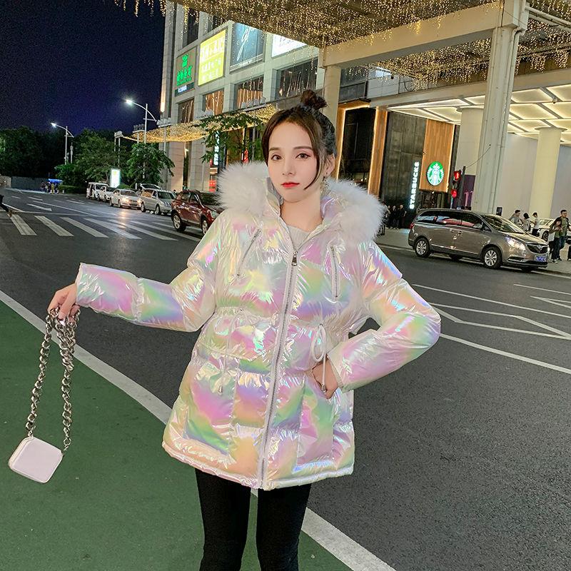 Winter Padded Coat Women Loose Padded Jacket Big Fur Collar Bright Surface Thickened Bread Coat Padded Coat Women