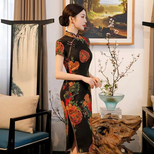 High-end Cheongsam Women's Mid-length Summer Short-sleeved Flower Luo Low Slits Retro Slim Slim Banquet Dress