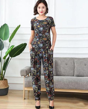 Women's Spring and Summer Plus Size Print Suit Short Sleeve Top Cropped Pants Loose Casual Two Pieces Set