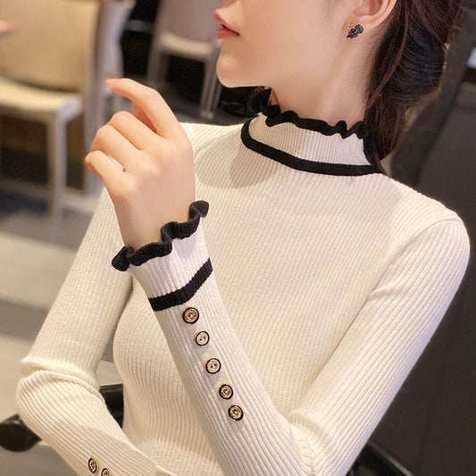 Knitted Bottoming Shirt Women Autumn and Winter Button Decoration Half Turtleneck Sweater Young Women Sweater