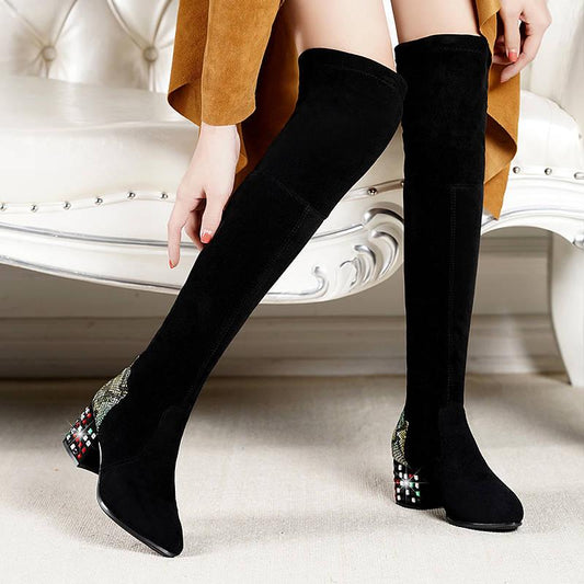 Women Over The Knee High Boots Hoof Heels Winter Shoes Pointed Toe Sexy Elastic Fabric Women Boots