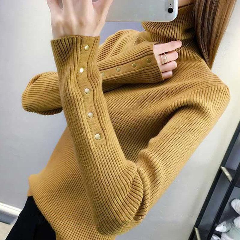 Autumn and Winter Knitted Long-sleeved Sweater Women's High-necked Wild Thickening Bottoming Shirt Pure Color Simple Female Top