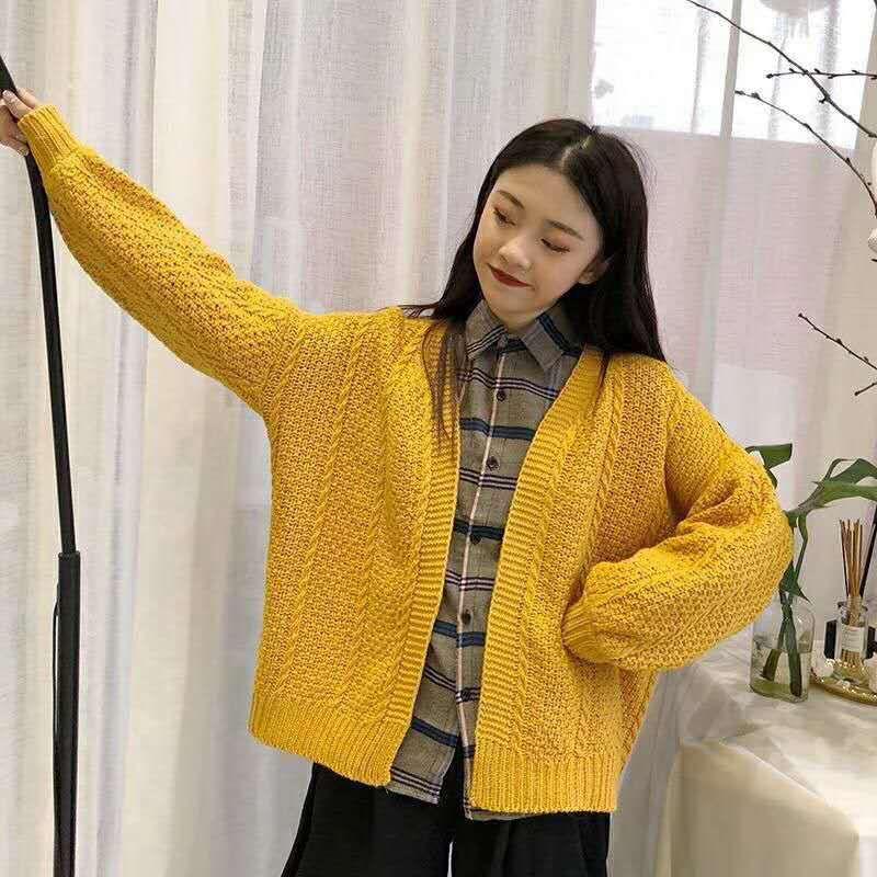 Spring and Autumn Temperament Knitted Sweater Loose Wild Cardigan Shirt Lantern Sleeves Buttonless Female Jacket