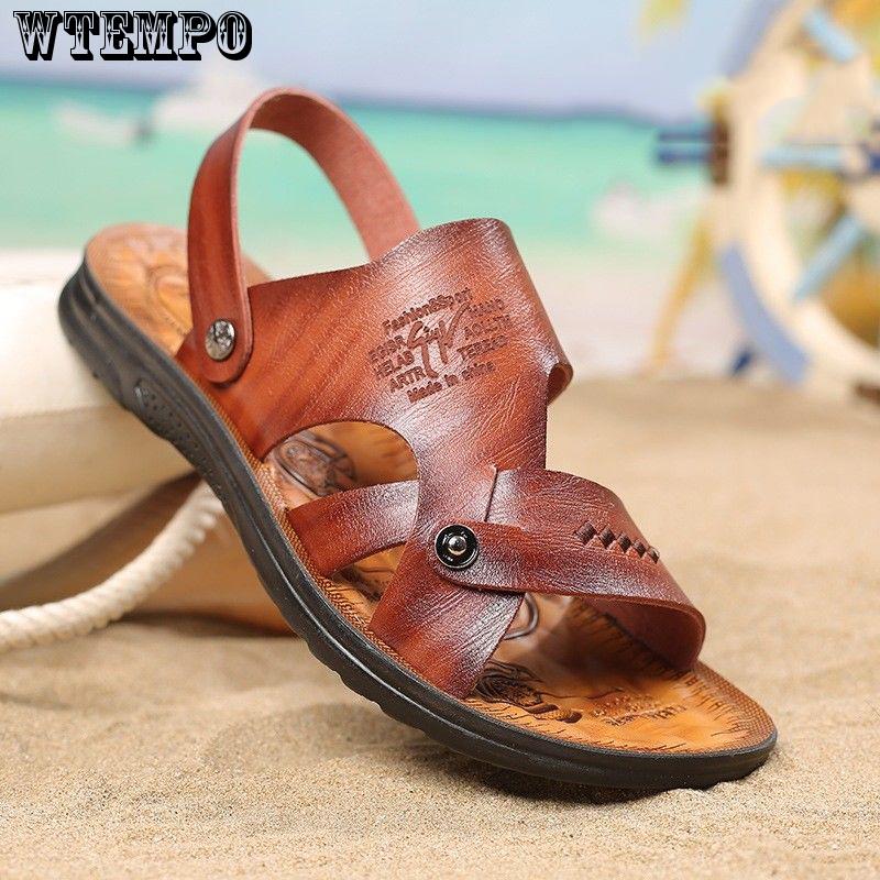 Summer Sandals Men Leather Classic open-toed Slipper Outdoor Beach Rubber Summer Shoes