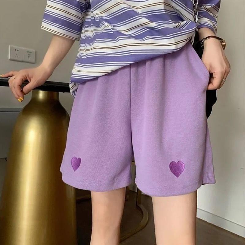 Embroidered Casual Sports Shorts Women's Summer Wide-leg Pants Loose Solid Color High Waist Straight Five-point Shorts