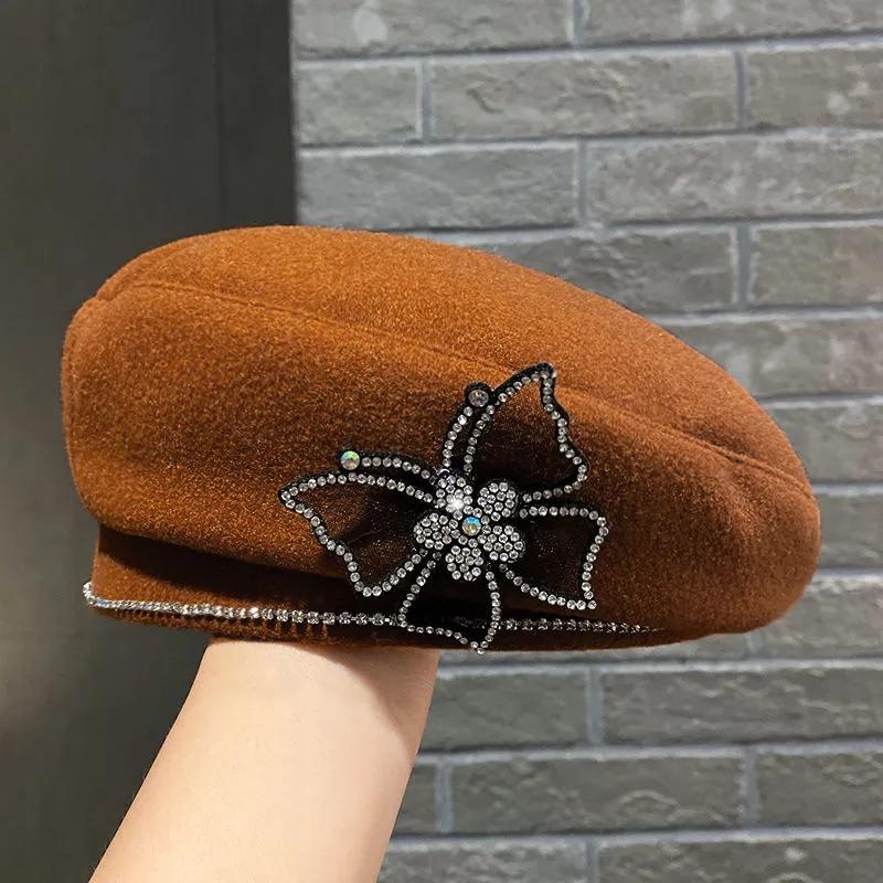 Women's Rhinestone Butterfly Wool Blend Beret Hat Spring Autumn All-match Elegant Retro Painter Hat Solid Color Baker Hat