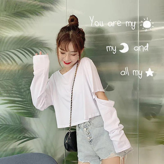 Autumn Version of Pure Color Loose Simple Long-sleeved fall T-shirt Women Simple Pure White Bottoming Shirt Blouse