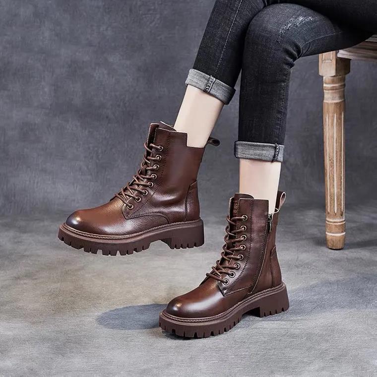 Size35-40 Chunky Motorcycle Boots For Women Autumn 2021 Fashion Round Toe Lace-up Combat Boots Ladies Shoes