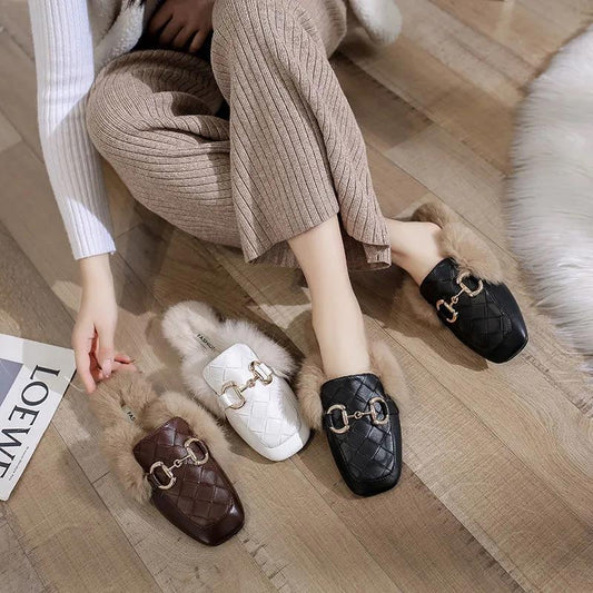 Women's Autumn and Winter Furry Fashion Cotton Slippers with Slippers Indoor and Outdoor Casual Flat Shoes Soft Shoes