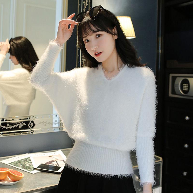 Autumn and Winter Style Plush Loose V-neck Bottoming Shirt Slim Short Sweater Women