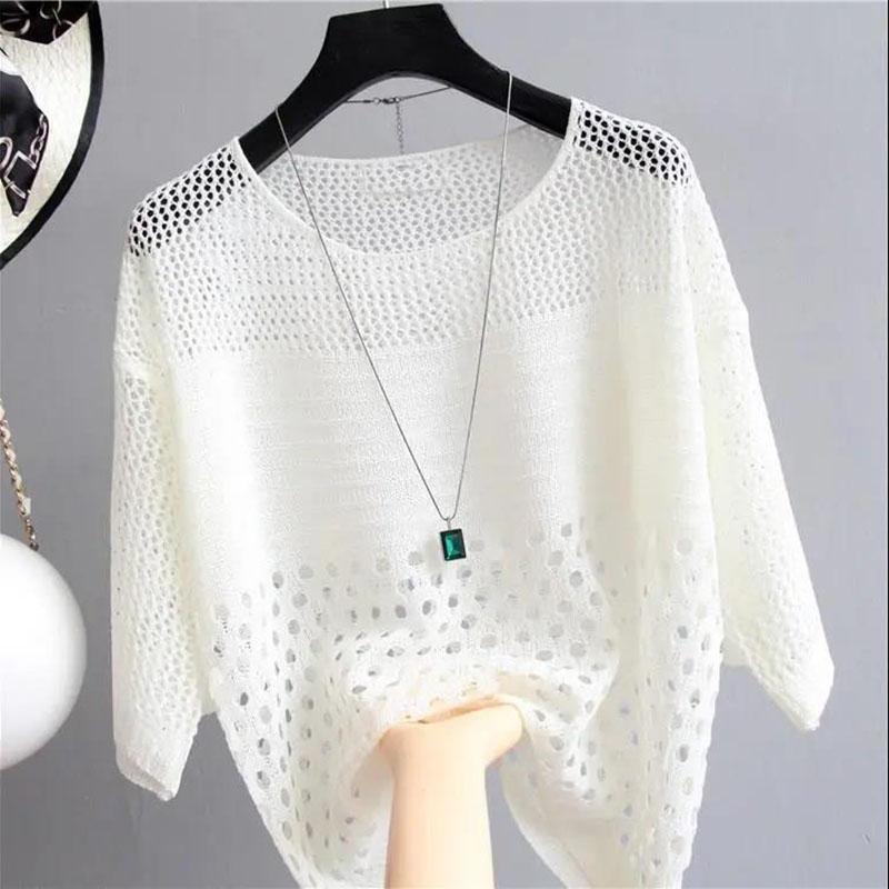 Women's Thin Bottoming Blouse Top Temperament Hollow Loose Light Knit Sweater Pullover Sun Protection Top Lightweight and Breathable Fabric