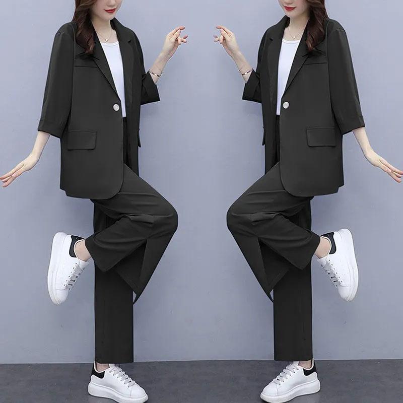 2PCS Women's Wide-leg Pants Suit Spring and Summer Korean Version Slim Suit Jacket + Loose Slit Trousers Two-piece Suit Casual Elegant Workplace Suit