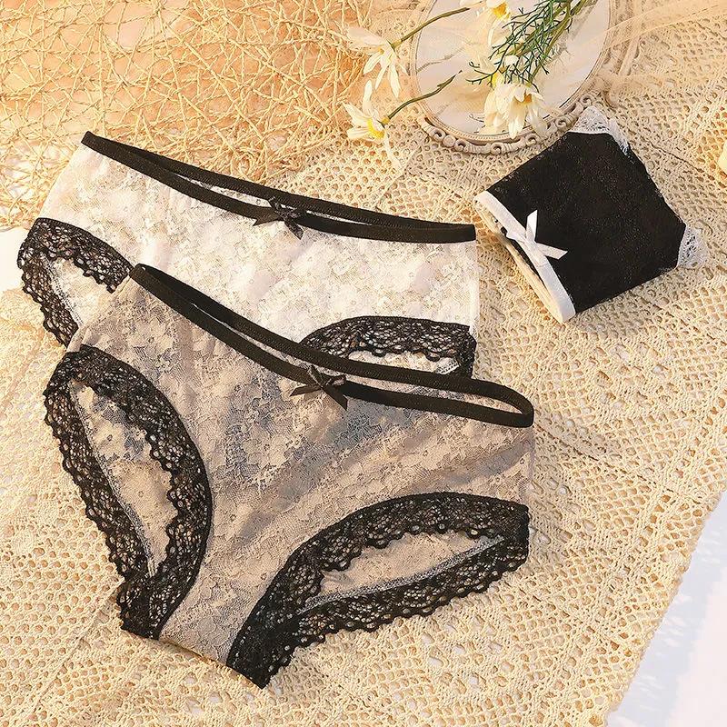 3Pcs/Set Girl's All-match Mid Waist Seamless Cotton Underpants Women's Solid Color Large Size Causal Lace Briefs