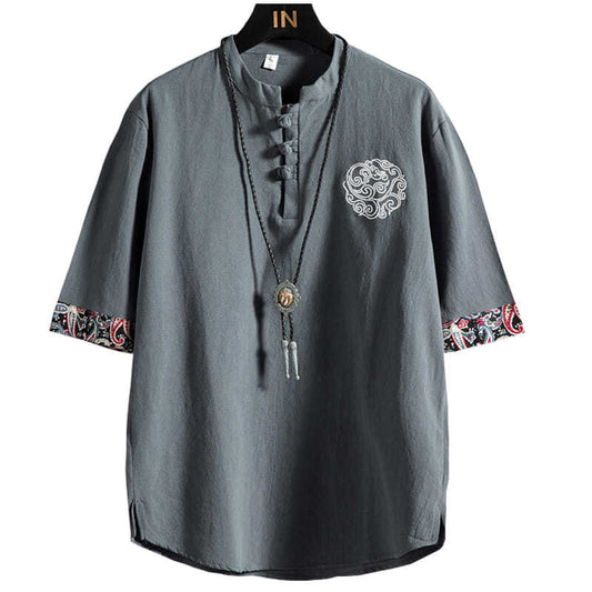 Chinese Style Linen Embroidery Men's T-shirt Summer Loose Short-sleeved Cotton and Linen Clothes