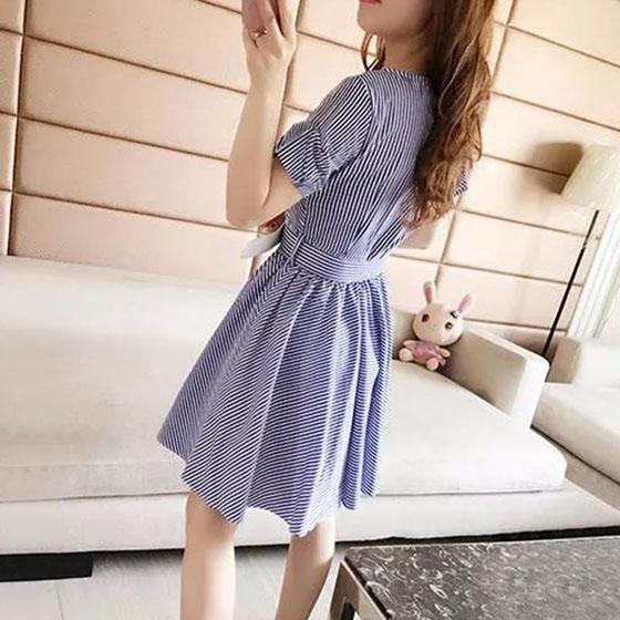 Female Summer Vintage High Waist Graceful Holiday Dress Elegant Slim Pleated Striped V-neck Party Dress