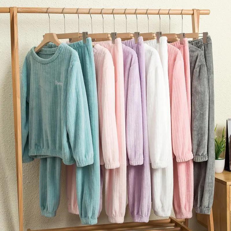 Winter Ladies Plus Velvet Embroidered Vertical Striped Pajamas Set Warm Long-sleeved Set Solid Color Outerwear Loose Home Wear Casual Outfit