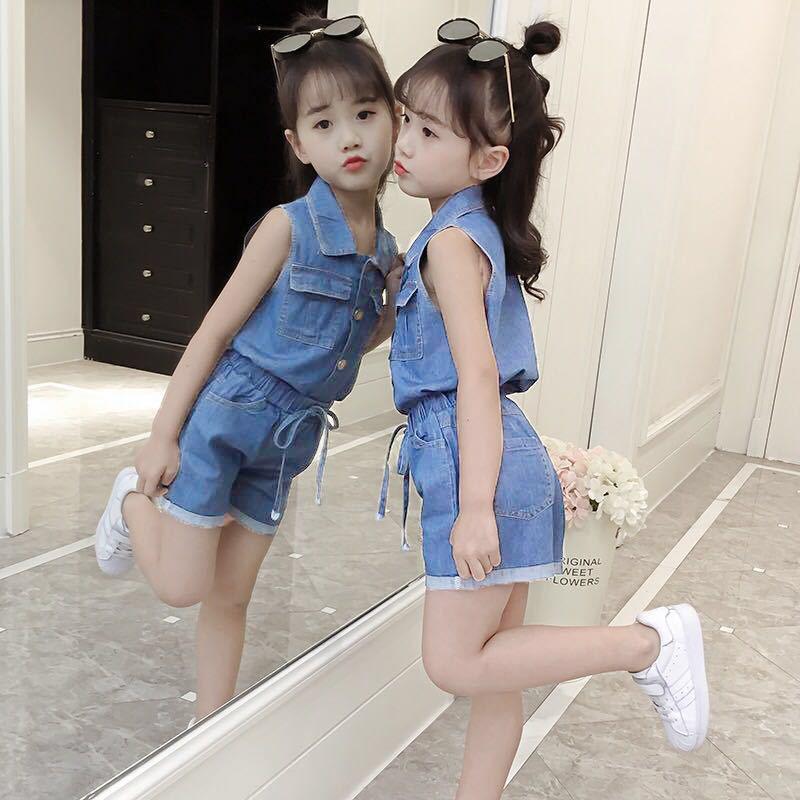 Girls Clothing Sets Summer Denim Short T-shirt+Pants Korean Style Single Breasted 2Pcs for Kids Baby Suit Cowboy Suit