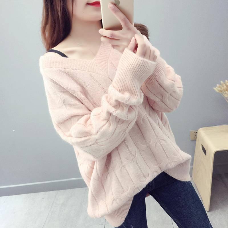 Knitted Sweater V-Neck Long Sleeve Pullovers Loose Coat Casual Autumn Winter Women's Sweater