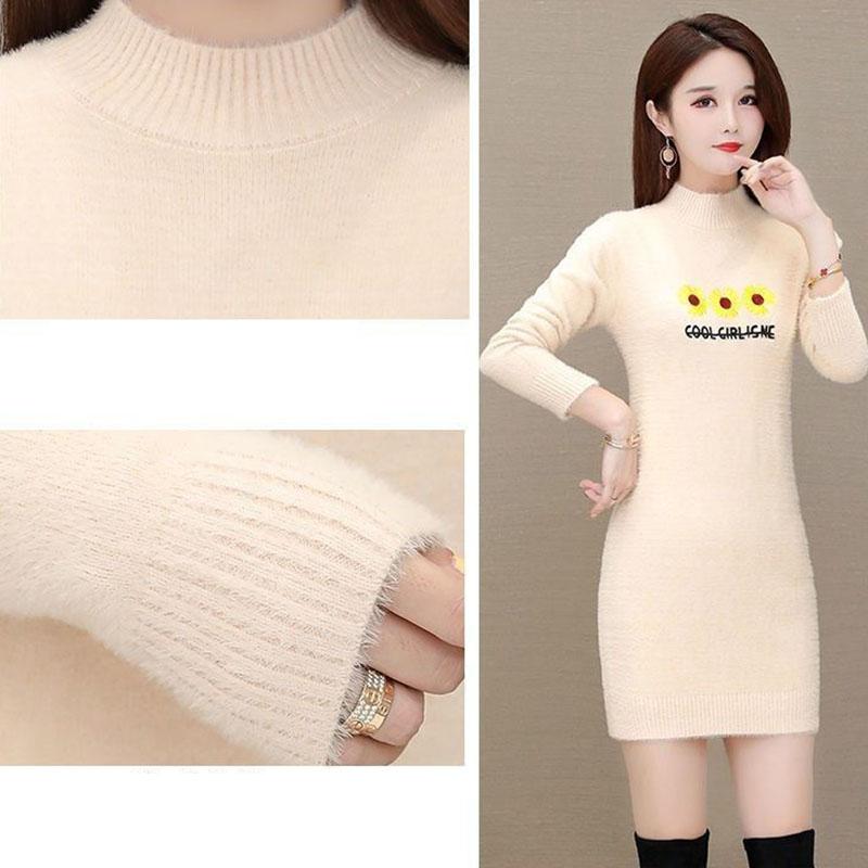 Autumn and Winter Mohair Knitted Sweater Half High Neck Thick Loose Bottoming Shirt Mid-length Casual Women Sweater Dress