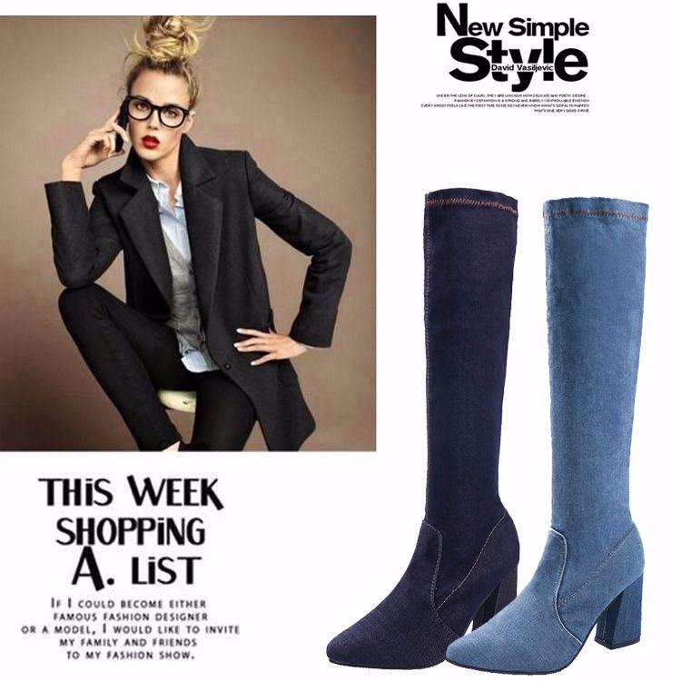 High Boots Female Pointed High-heeled Hole Denim Skinny Legs Over The Knee Boots Single Boots 35-42