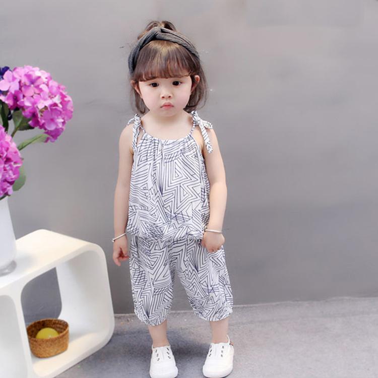 Children's Suit Summer Thin Korean Style Loose Print Geometry Girls Suspender Shorts Ventilation Two Piece Set