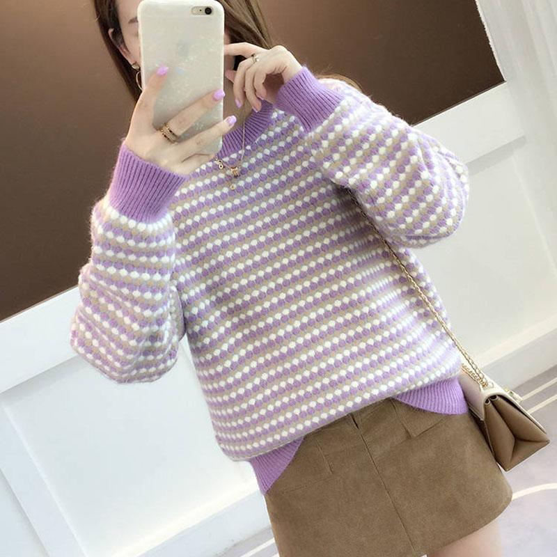 Winter striped sweater contrast women's Crew neck pullover loose  Plus Size  loose Knit Sweater warm