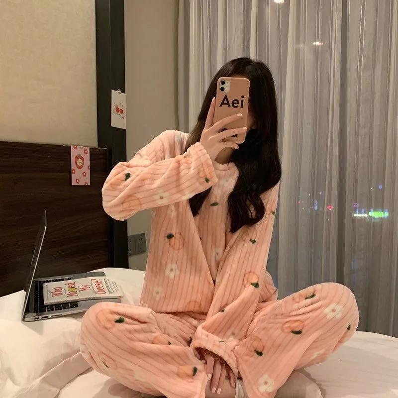 Cute Sweet Long Sleeves Pajamas Set Coral Fleece Warm Printing Stripes Sleeping Suit Women Casual Home Clothes Suit