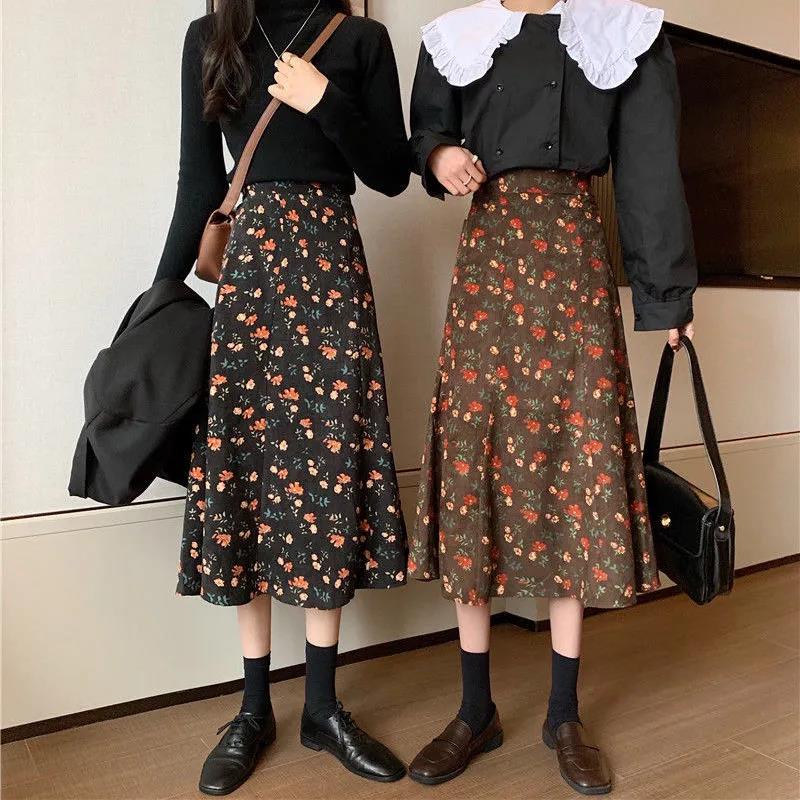 Corduroy Skirt Female Autumn and Winter Long Floral A-line Skirt Ins Super Fairy Thin Student Loose Long Skirt