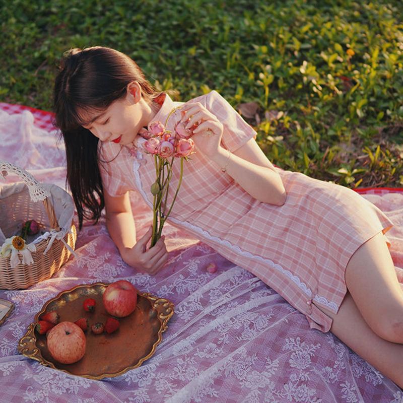 Pink Cheongsam Can Be Worn Daily In Summer Young Girl Sweet Plaid Modified Version Dress