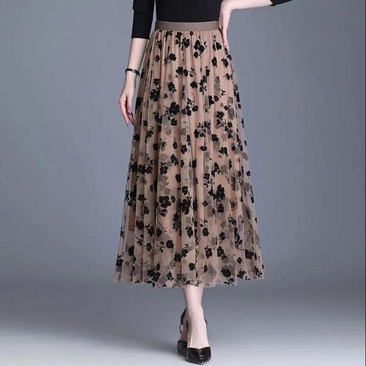 Gauze Skirt Female Floral Fairy Skirt Pleated A-line Skirt Mid-length High Waist Slimming Mesh Skirt Women's Skirt