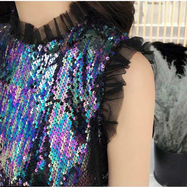 Mesh Sleeveless Sequins Party Dress Women Sequined Dress Elegant Sleeveless Layered Knee Vestidos