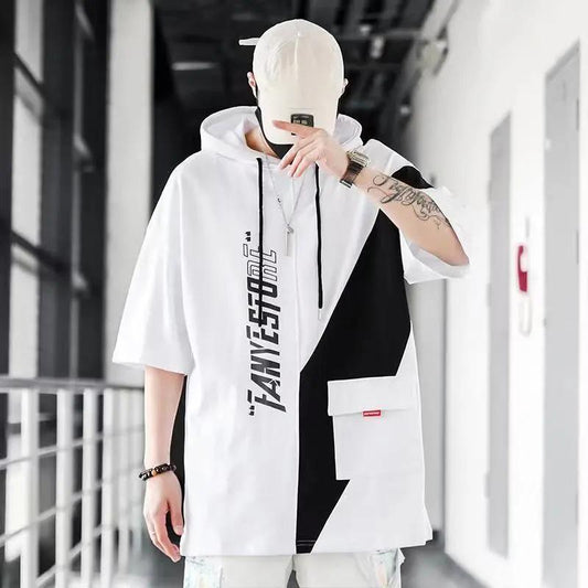 Summer Thin Section Korean Version of The Student Trend Hoodie Tide Brand Men's Stitching Short-sleeved T-shirt Loose Bottom Half-sleeved Men