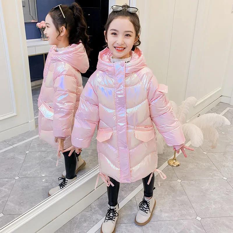 Girls Mid-length Padded Cotton Jacket Winter Windproof and Warm Hooded Jacket