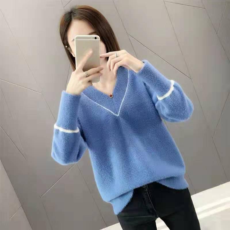 Autumn and Winter Mohair Sweater Loose Casual V-neck Tops Fashion Knitted Women's Bottoming Shirt