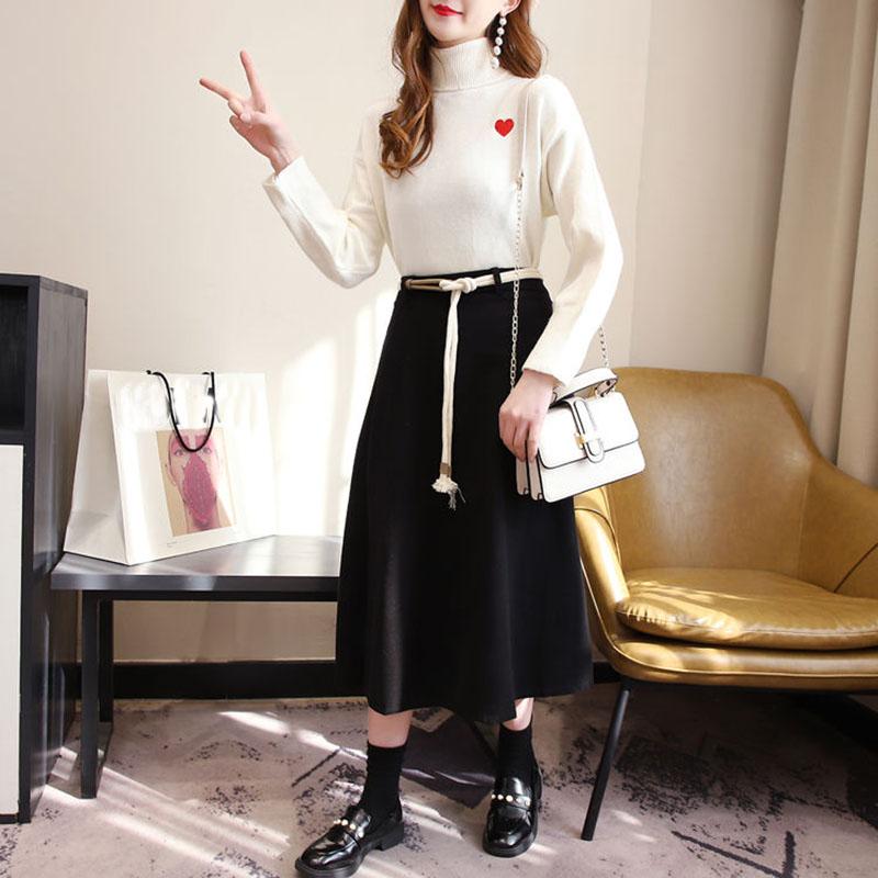 Thin Women Turtleneck Pullover+Black Woolen Skirt Two Piece Knitted Bottoming Skirt Set Top