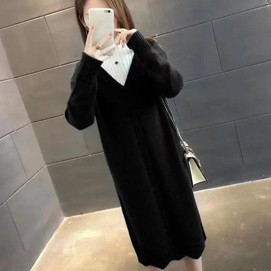 Women's Winter Mid-length Half High Neck Pullover Sweater Thick Loose Autumn Fake Two-piece Knitted Wool Dress