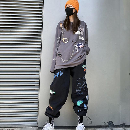 WTEMPO Hip-hop Style Graffiti Sport Pants Elastic Waist Joggers Casyal Women Long Sweatpants Loose Casual Baggy Trousers