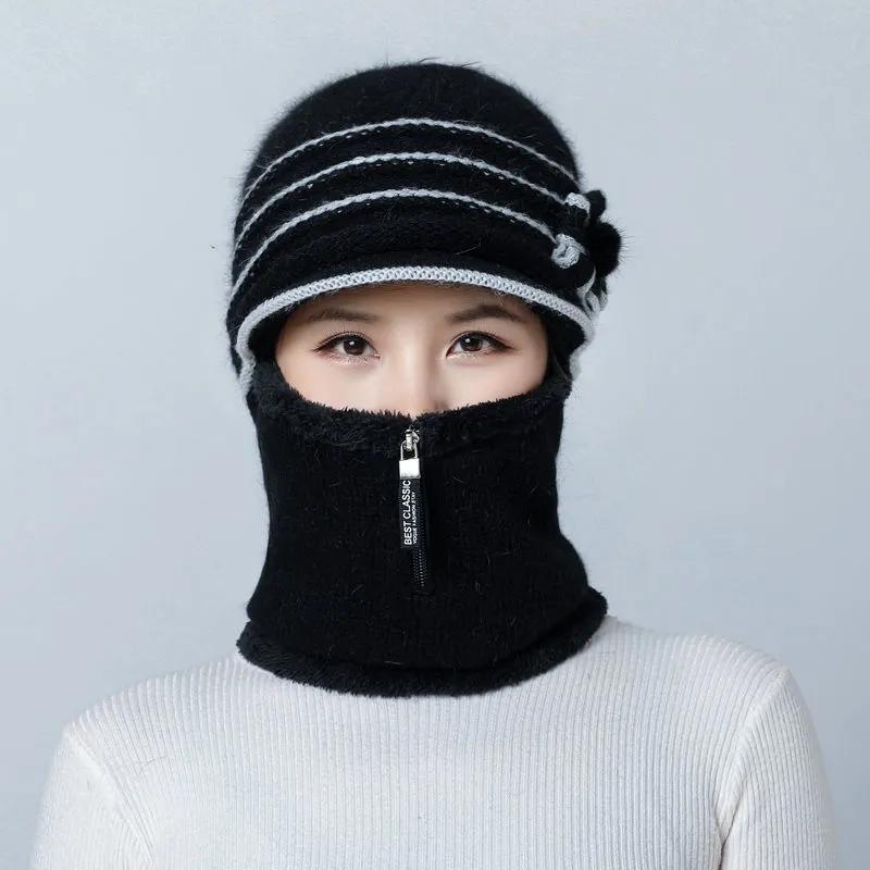 Women's Hat Autumn and Winter Floral Face Ear Protection Wool One-piece Scarf Mask Hat Plus Velvet Thickening Cycling Windproof Warm Mother Hat