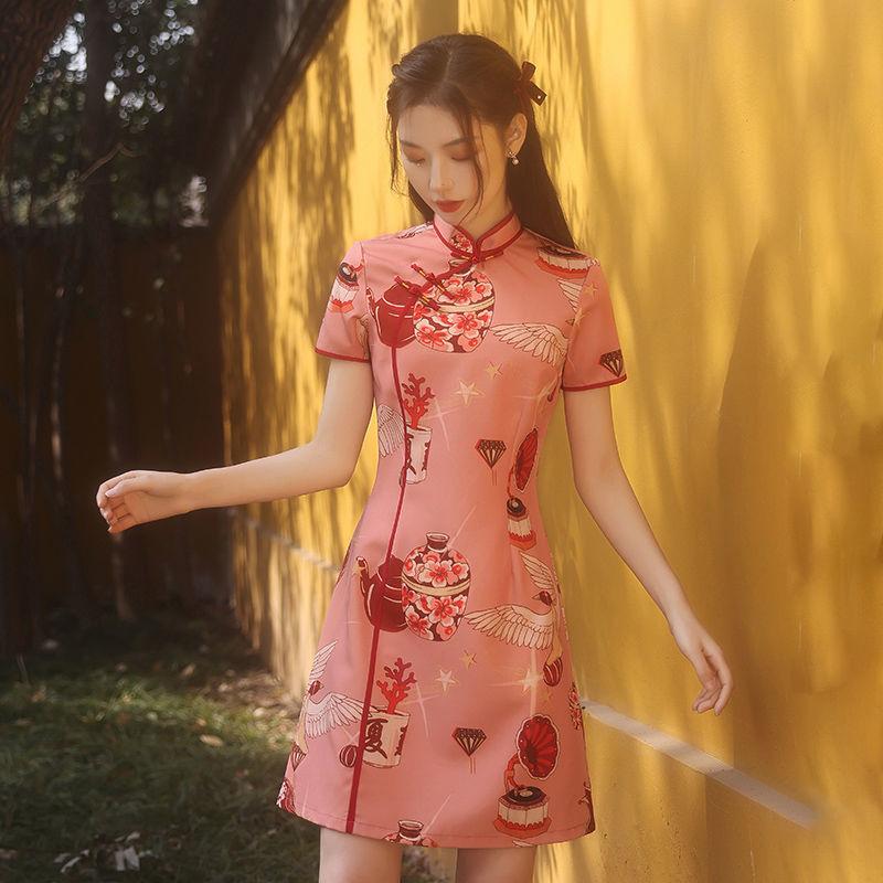 Improved Cheongsam Female Summer Young Girl Can Wear Big Flower Dress National Short