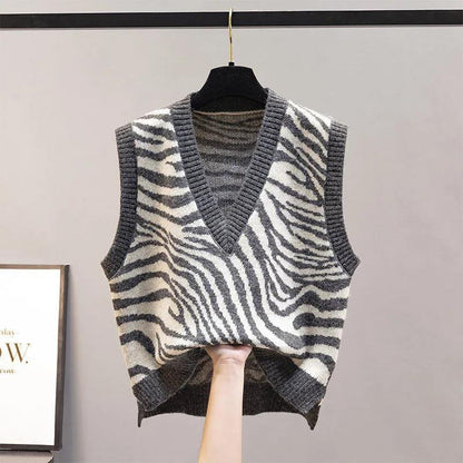 Waistcoat Vest Jacket Autumn Knit Women's Sweater Winter Zebra Pattern Outer Wear Loose V-neck Sleeveless Thin Sweater