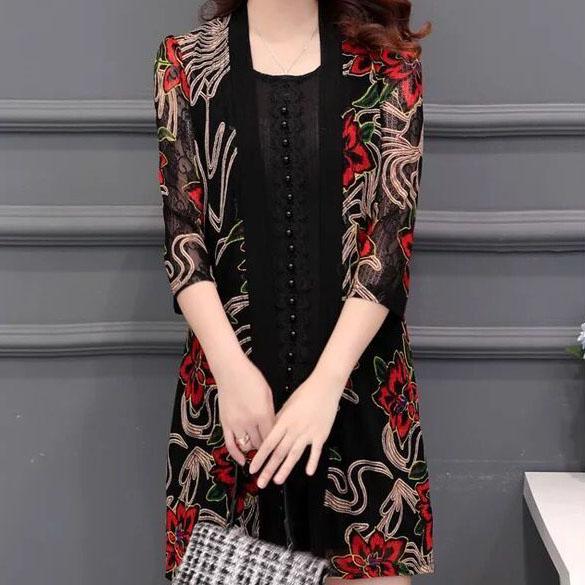 M-5XL Women's Spring and Summer Plus Size Lace Cardigan Female Printed Mid-length Shawl Slim Hollow-carved Design Thin Coat